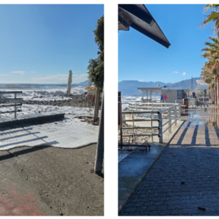 Mareggiata a Camporosso: le onde raggiungono la ciclopedonale e le attività sulla passeggiata (Foto)