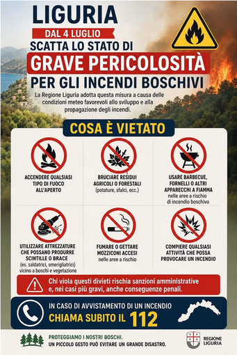Incendi boschivi, scatta lo stato di grave pericolosità in tutta la Liguria: divieto assoluto di accendere fuochi Incendi boschivi, scatta lo stato di grave pericolosità in tutta la Liguria: divieto assoluto di accendere fuochi