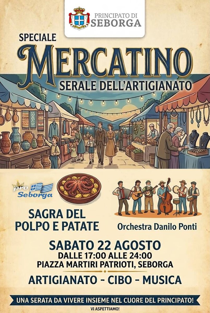 Seborga si prepara per una grande serata: speciale Mercatino dell'Artigianato e Sagra del polpo e patate Seborga si prepara per una grande serata: speciale Mercatino dell'Artigianato e Sagra del polpo e patate