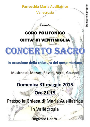 Vallecrosia: domenica 31 maggio il concerto del Coro Polifonico città di Ventimiglia per la chiusura del Mese mariano