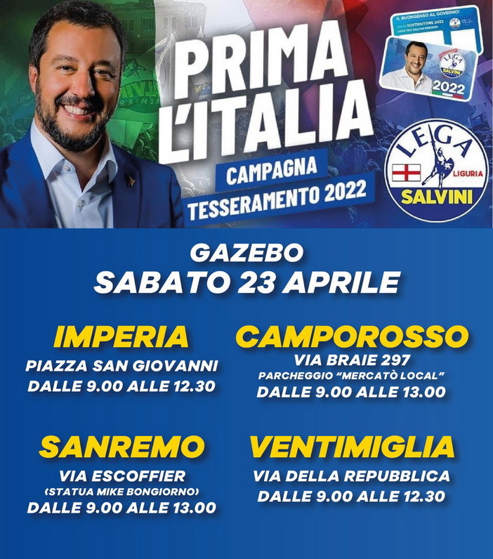 Prosegue la campagna tesseramento della Lega in Provincia di Imperia. tutti gli appuntamenti Prosegue la campagna tesseramento della Lega in Provincia di Imperia. tutti gli appuntamenti