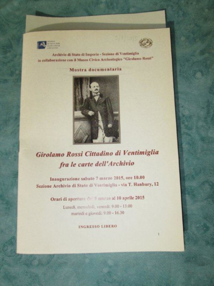 Ventimiglia: mostra documentaria su Girolamo Rossi (1831-1914) all'Archivio di Stato di via Hanbury Ventimiglia: mostra documentaria su Girolamo Rossi (1831-1914) all'Archivio di Stato di via Hanbury