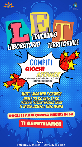 A Diano Marina è tornato il centro aggregativo per ragazzi L.E.T. (Laboratorio educativo territoriale) A Diano Marina è tornato il centro aggregativo per ragazzi L.E.T. (Laboratorio educativo territoriale)