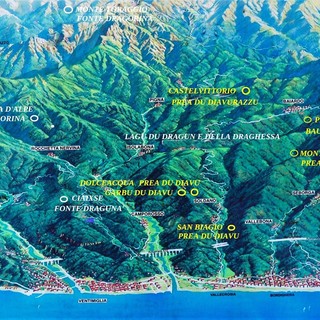 Mappa con i relitti di toponomastica che ricordano un lontano passato  in cui l'estremo Ponente Ligure era infestato da draghi e demoni