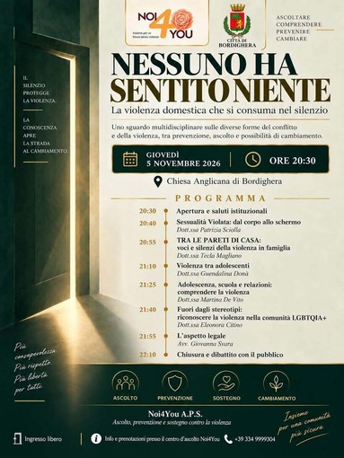Bordighera: "Nessuno ha sentito niente", una serata di prevenzione e sensibilizzazione contro la violenza Bordighera: "Nessuno ha sentito niente", una serata di prevenzione e sensibilizzazione contro la violenza