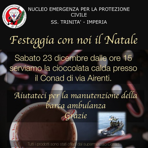 Imperia: domani la Protezione Civile SS. Trinità distribuirà cioccolata calda al Conad di via Airenti Imperia: domani la Protezione Civile SS. Trinità distribuirà cioccolata calda al Conad di via Airenti