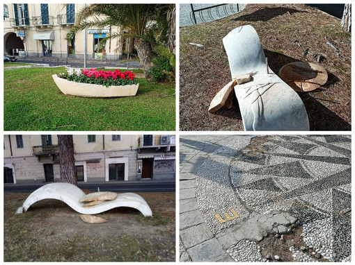 Diano Marina, incuria sulla passeggiata. La denuncia di Gramondo: “Comune inerme, opera d’arte usata come fioriera”