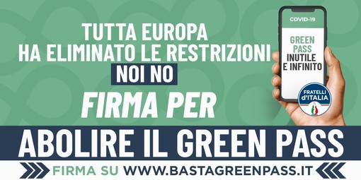 Petizione 'No Green Pass' di Fratelli d'Italia: "La certificazione va eliminata non ha contrastato la diffusione del virus" Petizione 'No Green Pass' di Fratelli d'Italia: "La certificazione va eliminata non ha contrastato la diffusione del virus"
