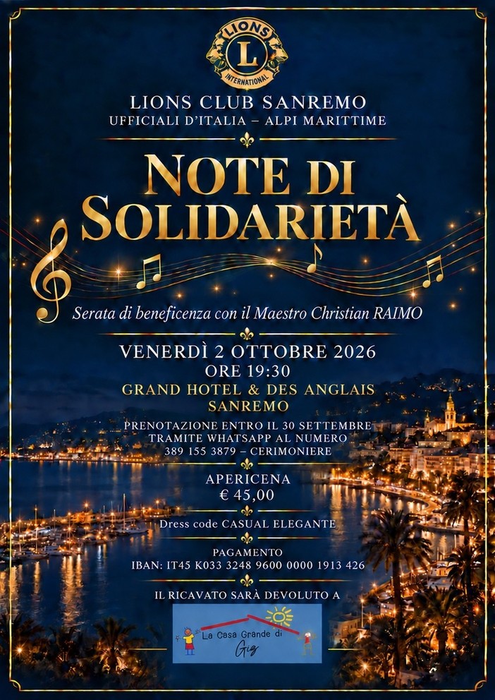 Sanremo, musica e beneficenza al Grand Hotel & Des Anglais con "Note di Solidarietà" del Lions Club Sanremo, musica e beneficenza al Grand Hotel & Des Anglais con "Note di Solidarietà" del Lions Club