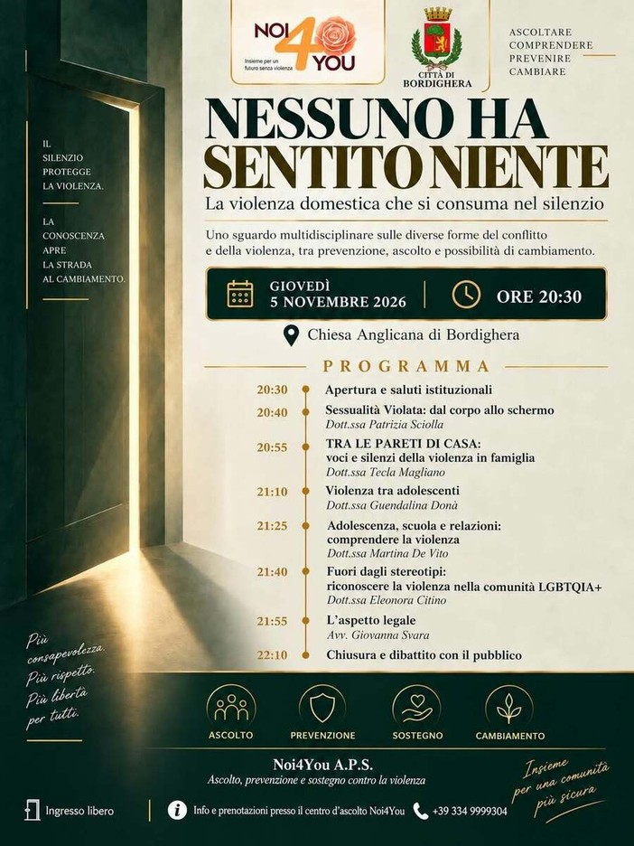Bordighera: "Nessuno ha sentito niente", una serata di prevenzione e sensibilizzazione contro la violenza