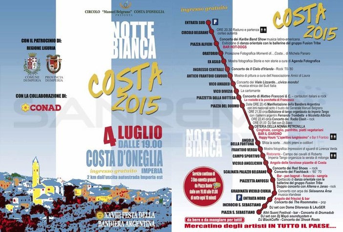 Costa d'Oneglia: sabato 4 luglio la Notte Biance e la Festa della Bandiera Argentina nel suggestivo borgo medievale Costa d'Oneglia: sabato 4 luglio la Notte Biance e la Festa della Bandiera Argentina nel suggestivo borgo medievale