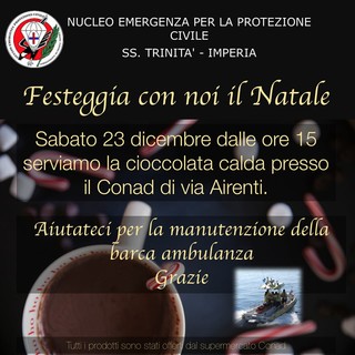 Imperia: domani la Protezione Civile SS. Trinità distribuirà cioccolata calda al Conad di via Airenti Imperia: domani la Protezione Civile SS. Trinità distribuirà cioccolata calda al Conad di via Airenti