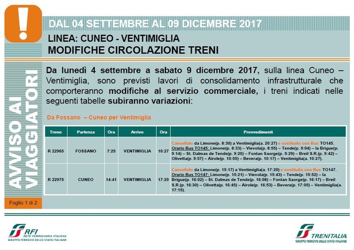 Linea ferroviaria Cuneo-Ventimiglia: modifiche al programma di circolazione per interventi infrastrutturali