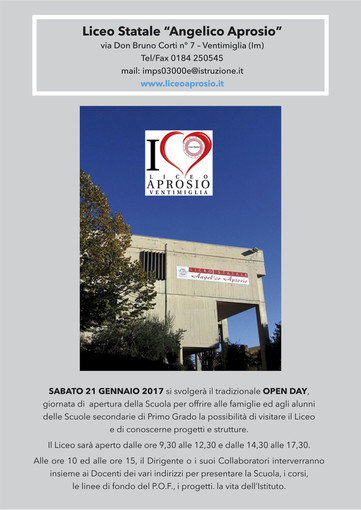 Ventimiglia: porte aperte al Liceo Aprosio, sabato prossimo una giornata dedicata alle famiglie e ai futuri studenti Ventimiglia: porte aperte al Liceo Aprosio, sabato prossimo una giornata dedicata alle famiglie e ai futuri studenti