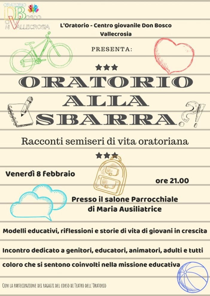 Vallecrosia: venerdì prossimo, incontro dal titolo 'Oratorio alla sbarra: racconti semiseri di vita oratoriana'