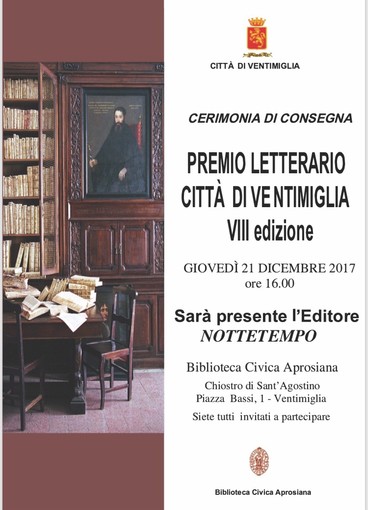 Ventimiglia: giovedì la cerimonia di presentazione del vincitore del premio letterario cittadino
