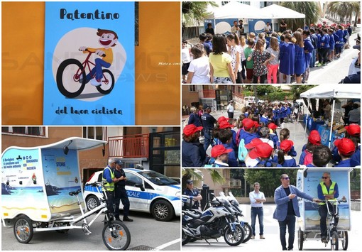 Bordighera: si è concluso il progetto ‘Pedone sicuro’, i bambini delle scuole di via Pelloux pronti a destreggiarsi nel traffico con il simbolico patentino per la bicicletta (Foto e Video)
