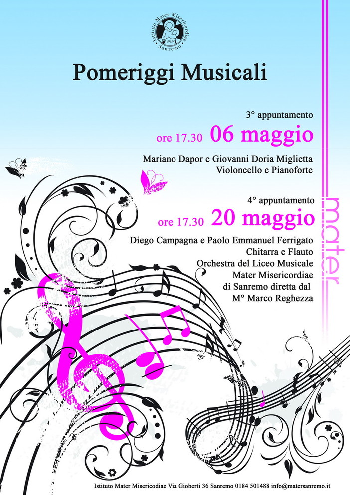 Sanremo: domenica prossima, 4 ed ultimo appuntamento con 'I Pomeriggi Musicali della Mater' Sanremo: domenica prossima, 4 ed ultimo appuntamento con 'I Pomeriggi Musicali della Mater'