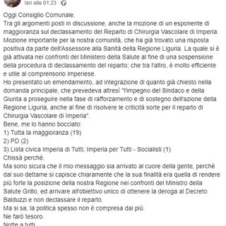 Imperia: declassamento di chirurgia vascolare. Monica Gatti interviene sull'emendamento presentato in Consiglio Comunale "Chiedevo un impegno del Sindaco. Me l'hanno bocciato, chissà perché?"