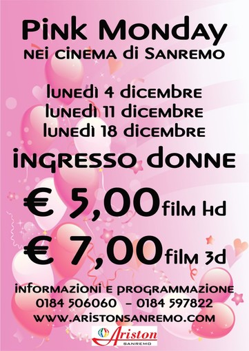 Sanremo: per tre lunedì a dicembre le donne pagano meno per gli spettacoli al cinema
