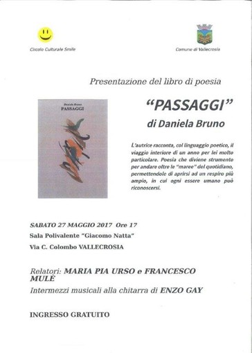 Vallecrosia: sabato prossimo, presentazione della silloge poetica 'Passaggi' di Daniela Bruno Vallecrosia: sabato prossimo, presentazione della silloge poetica 'Passaggi' di Daniela Bruno