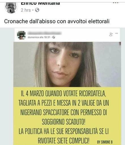 Imperia: post shock di un'imperiese sulla morte di Pamela Mastropietro. Interviene il direttore del tg La7 Enrico Mentana: "Avvoltoio elettorale" Imperia: post shock di un'imperiese sulla morte di Pamela Mastropietro. Interviene il direttore del tg La7 Enrico Mentana: "Avvoltoio elettorale"