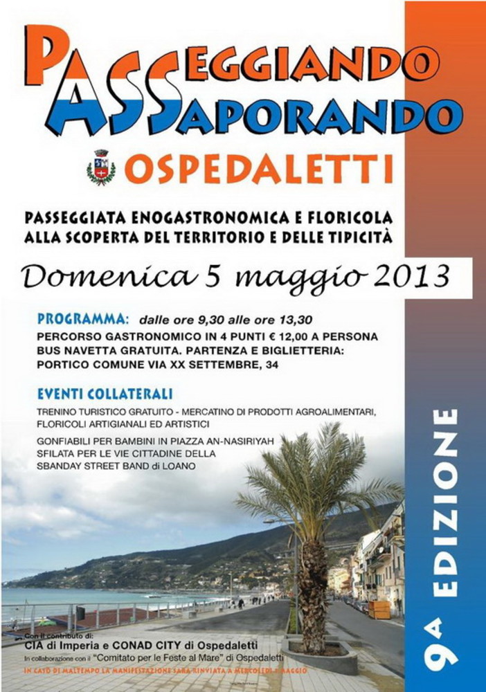 Ospedaletti: rinviata al 5 maggio la manifestazione "Passeggiando Assaporando"