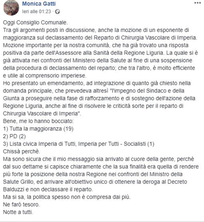 Imperia: declassamento di chirurgia vascolare. Monica Gatti interviene sull'emendamento presentato in Consiglio Comunale "Chiedevo un impegno del Sindaco. Me l'hanno bocciato, chissà perché?" Imperia: declassamento di chirurgia vascolare. Monica Gatti interviene sull'emendamento presentato in Consiglio Comunale "Chiedevo un impegno del Sindaco. Me l'hanno bocciato, chissà perché?"