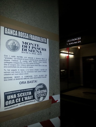 Imperia: azione di protesta de La Destra contro la filiale del Monte dei Paschi di Siena Imperia: azione di protesta de La Destra contro la filiale del Monte dei Paschi di Siena