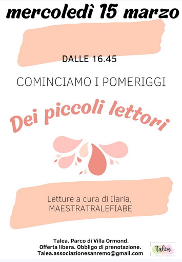 Sanremo: al via a Villa Ormond i ‘Pomeriggi dei piccoli lettori’ condotti da Ilaria Maestratralefiabe Sanremo: al via a Villa Ormond i ‘Pomeriggi dei piccoli lettori’ condotti da Ilaria Maestratralefiabe