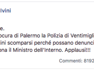 Il post pubblicato sulla pagina pubblica del Ministro dell'Interno.