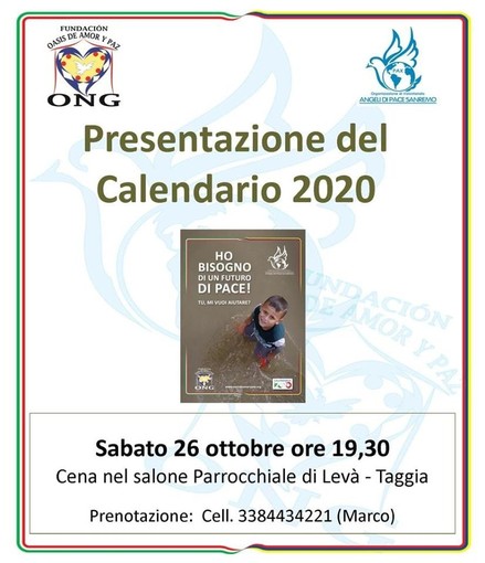 Taggia: stasera a Levà un incontro con cena per la presentazione del calendario 2020 dell'associazione Angeli di Pace Taggia: stasera a Levà un incontro con cena per la presentazione del calendario 2020 dell'associazione Angeli di Pace