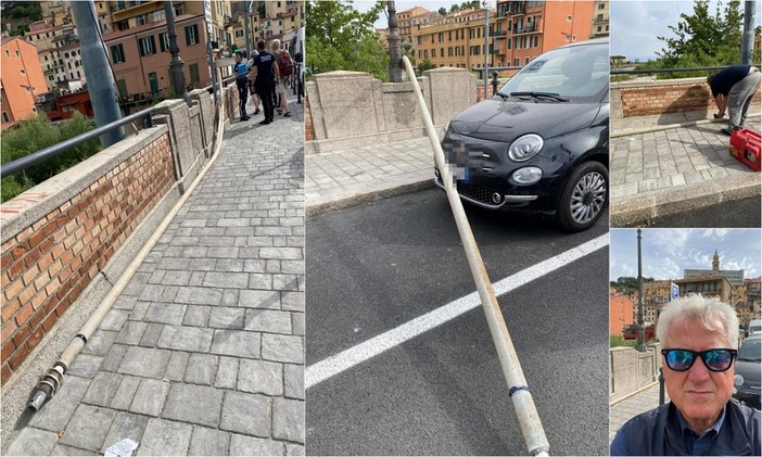 Ventimiglia, forte vento: palo cade e danneggia auto sul ponte Doria (Foto)