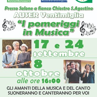 Ventimiglia, al via i "Pomeriggi in musica" promossi dall'Auser al Salone Sant'Agostino Ventimiglia, al via i "Pomeriggi in musica" promossi dall'Auser al Salone Sant'Agostino