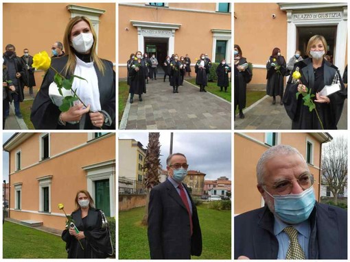 Imperia, con in mano una rosa gialla e un codice protestano giudici e magistrati onorari: "Siamo sottopagati e senza tutele" (foto e video) Imperia, con in mano una rosa gialla e un codice protestano giudici e magistrati onorari: "Siamo sottopagati e senza tutele" (foto e video)