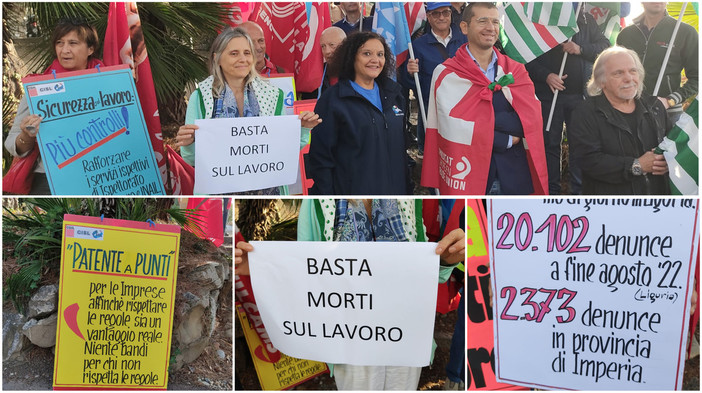 "Basta morti sul lavoro!", i sindacati protestano davanti alla Prefettura di Imperia: "Formazione a scuola e patente a punti per le aziende" (foto e video)