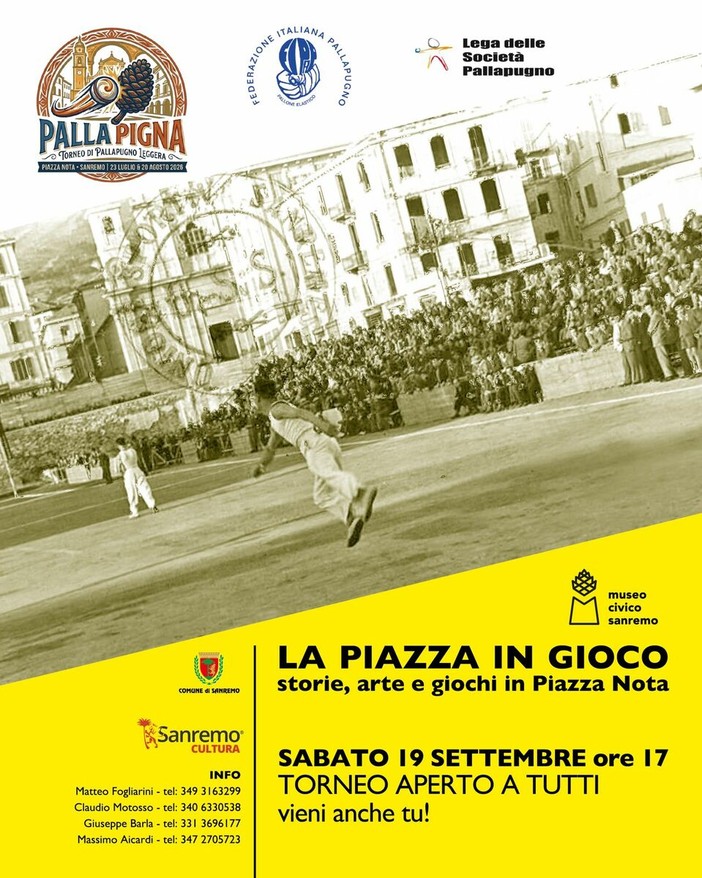 Sanremo, sabato 19 settembre in piazza Nota nuovo appuntamento di “PallaPigna” con un torneo di pallapugno leggera Sanremo, sabato 19 settembre in piazza Nota nuovo appuntamento di “PallaPigna” con un torneo di pallapugno leggera