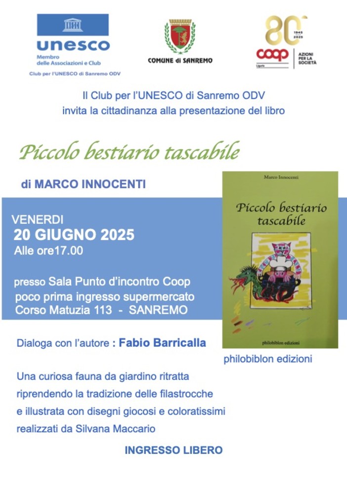 Sanremo, il Club per l’UNESCO presenta “Piccolo bestiario tascabile” di Marco Innocenti