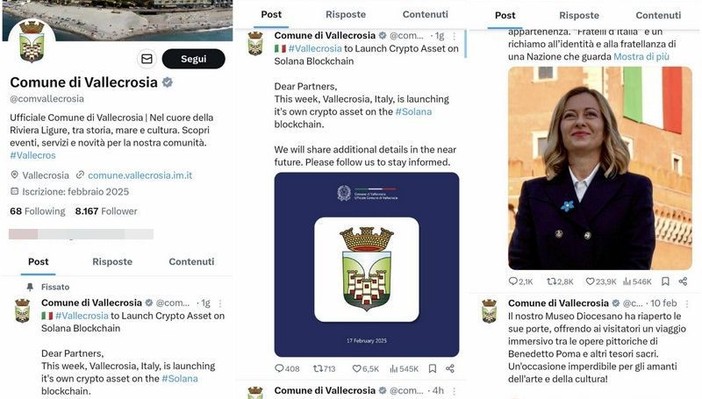 Profilo social del Comune di Vallecrosia su X: "Non è stato hackerato, si tratta di un furto d'identità"