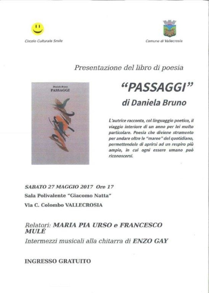 Vallecrosia: sabato prossimo, presentazione della silloge poetica 'Passaggi' di Daniela Bruno Vallecrosia: sabato prossimo, presentazione della silloge poetica 'Passaggi' di Daniela Bruno