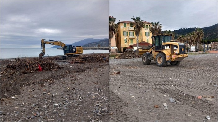 Tronchi e rifiuti sulla spiaggia, ruspe in azione a Ventimiglia (Foto)
