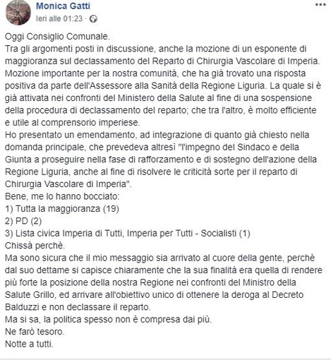 Imperia: declassamento di chirurgia vascolare. Monica Gatti interviene sull'emendamento presentato in Consiglio Comunale "Chiedevo un impegno del Sindaco. Me l'hanno bocciato, chissà perché?" Imperia: declassamento di chirurgia vascolare. Monica Gatti interviene sull'emendamento presentato in Consiglio Comunale "Chiedevo un impegno del Sindaco. Me l'hanno bocciato, chissà perché?"