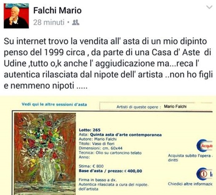 Diano Marina. Casa d'aste mette in vendita un quadro di Mario Falchi "Con l'autentica del nipote" che in realtà l'artista non ha Diano Marina. Casa d'aste mette in vendita un quadro di Mario Falchi "Con l'autentica del nipote" che in realtà l'artista non ha