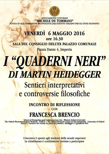 Imperia: venerdì prossimo all'ex Cremlino l'attesa presentazione de "I Quaderni neri di Martin Heidegger” Imperia: venerdì prossimo all'ex Cremlino l'attesa presentazione de "I Quaderni neri di Martin Heidegger”