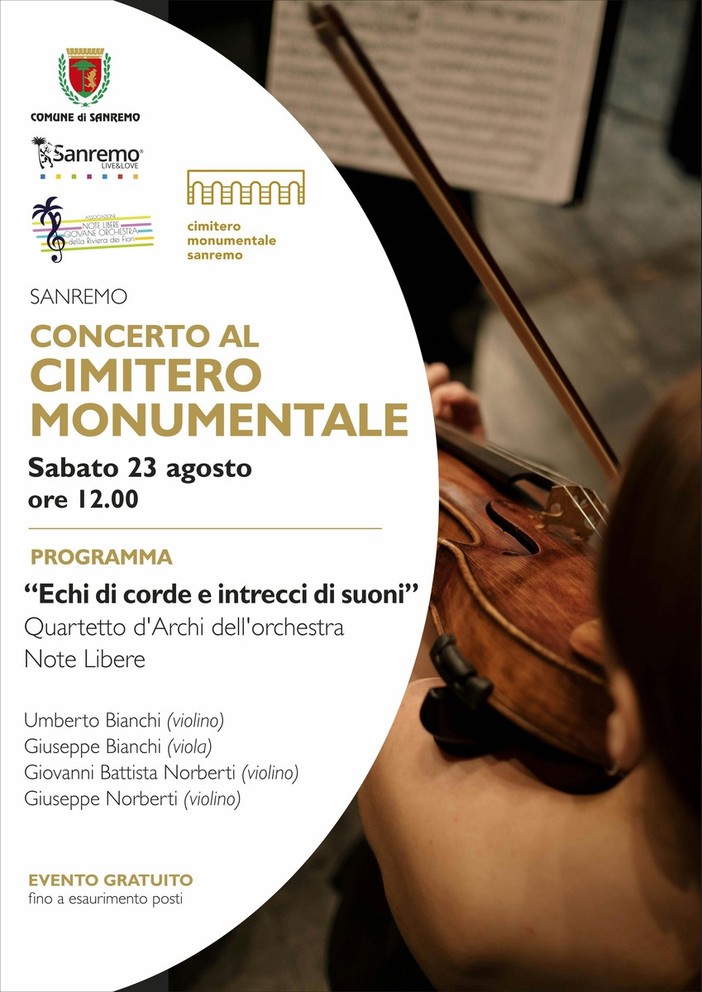 Sanremo: il Cimitero Monumentale della Foce ospita il concerto “Note Libere” con il Quartetto di Violini Sanremo: il Cimitero Monumentale della Foce ospita il concerto “Note Libere” con il Quartetto di Violini