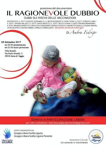 Taggia: vaccini e potenziali rischi per i bambini, stasera a Villa Boselli la proiezione del documentario 'Il ragionevole dubbio'