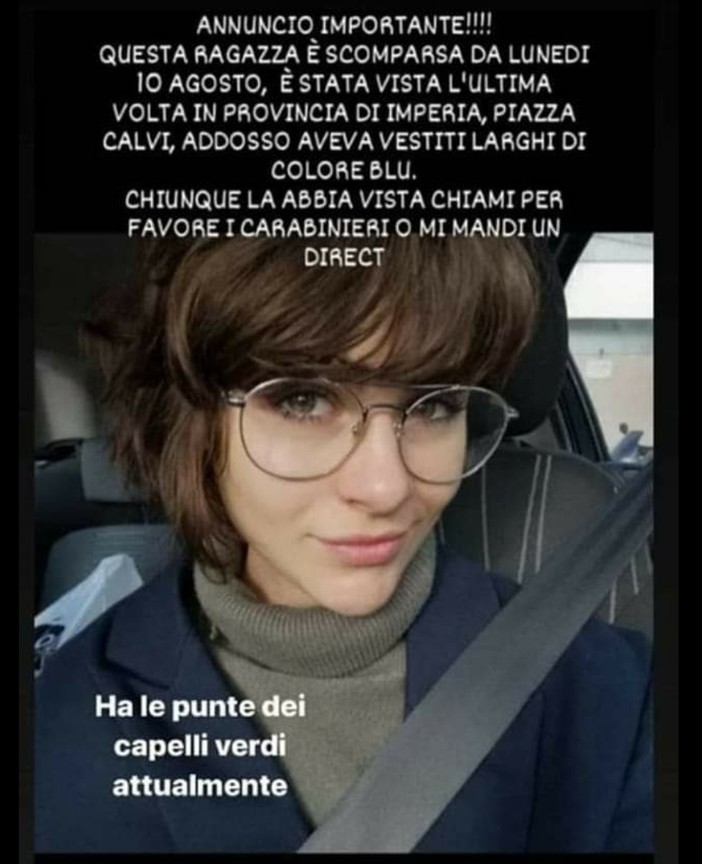 Imperia, diciottenne scomparsa dal 10 agosto, l'appello su Facebook per ritrovarla