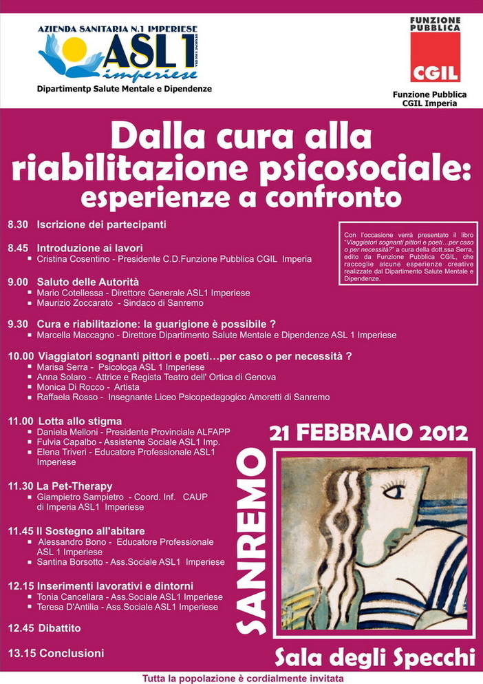 Sanremo: martedì 21, seminario “Dalla cura alla riabilitazione psicosociale”