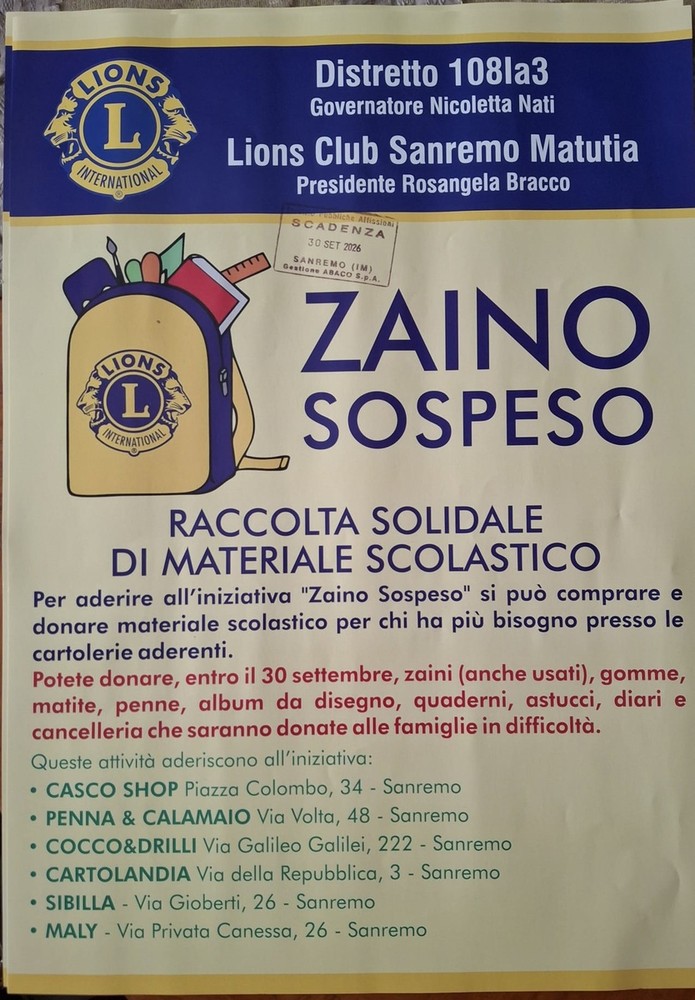Torna lo Zaino Sospeso: il Lions Matutia Sanremo raccoglie materiale scolastico per chi è in difficoltà Torna lo Zaino Sospeso: il Lions Matutia Sanremo raccoglie materiale scolastico per chi è in difficoltà