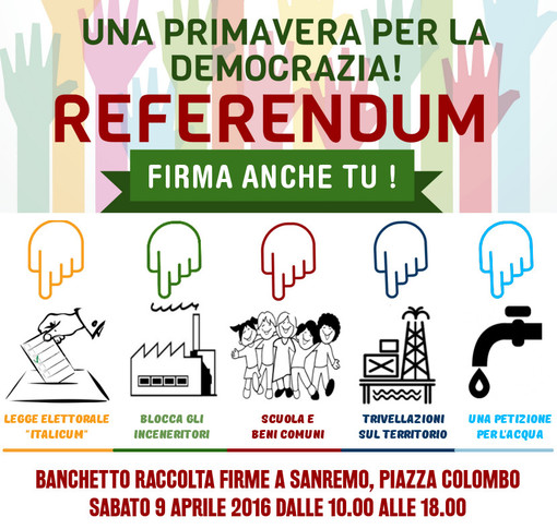 Sanremo: sabato da piazza Colombo via alla raccolta firme per la 'stagione referendaria' Sanremo: sabato da piazza Colombo via alla raccolta firme per la 'stagione referendaria'